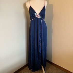 Vintage Lorraine Navy Blue Satin Nightgown Pink Trim Floral Appliqué Large USA
